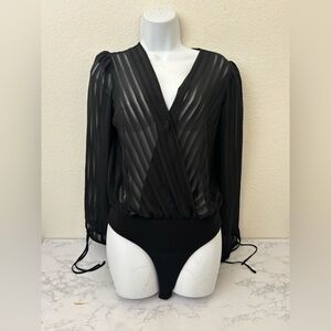 Forever 21 Bodysuit Blouse Size S Black Sheer V Neck Long Sleeve Pullover